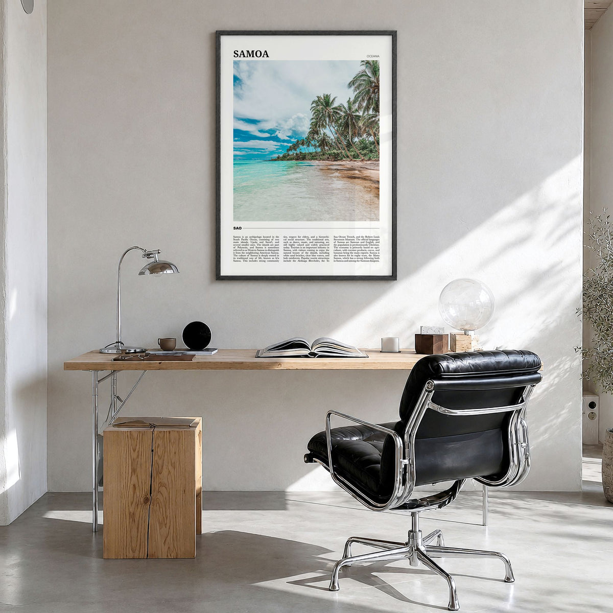 Samoa Travel Poster in a black wood frame, hanging in a bright home office
