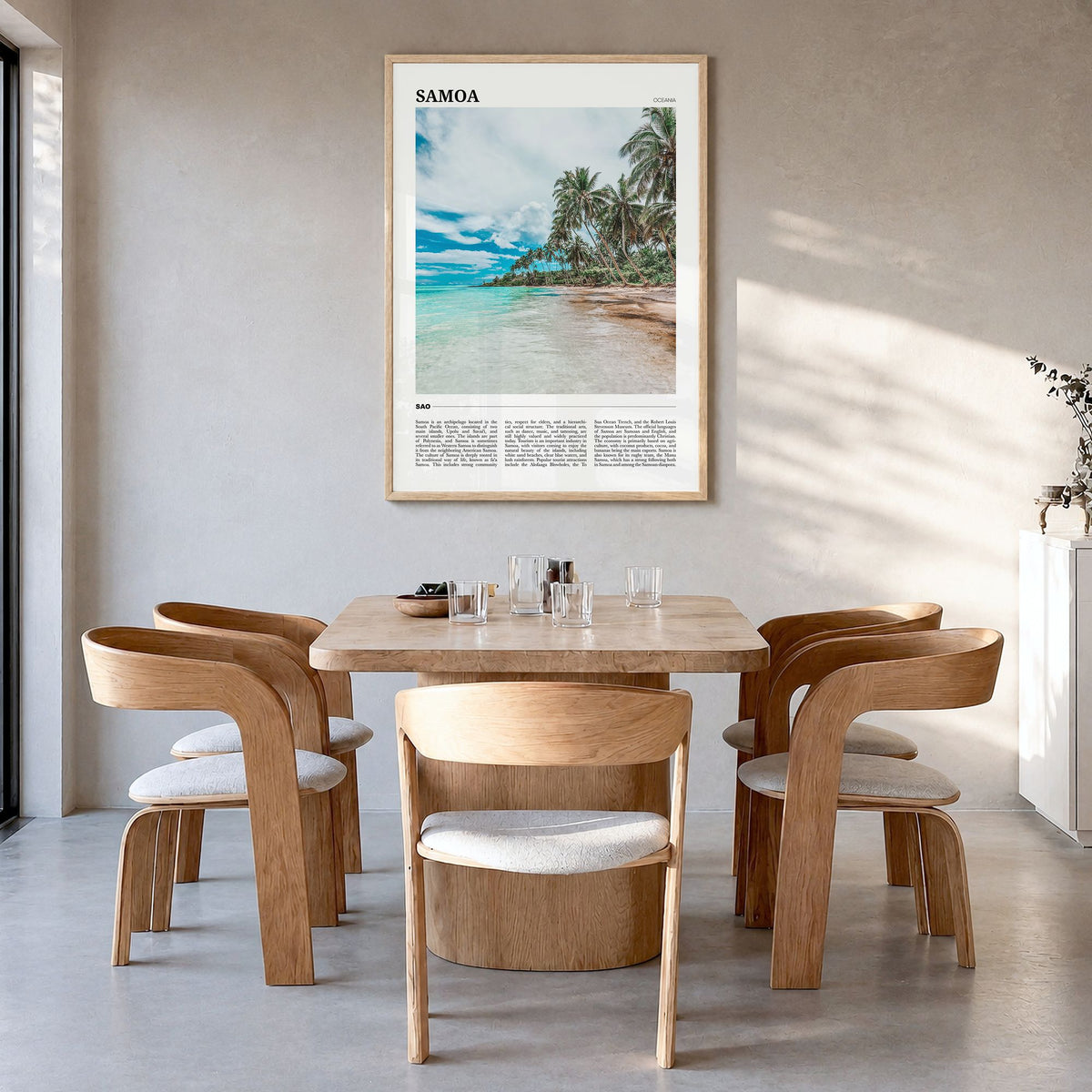 Samoa Travel Poster in a natural wood frame, hanging in a dining room