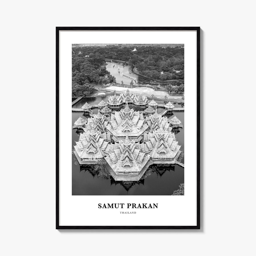 Samut Prakan black & white classic poster of Thailand – vertical wall art, unframed print shown in interior mockup