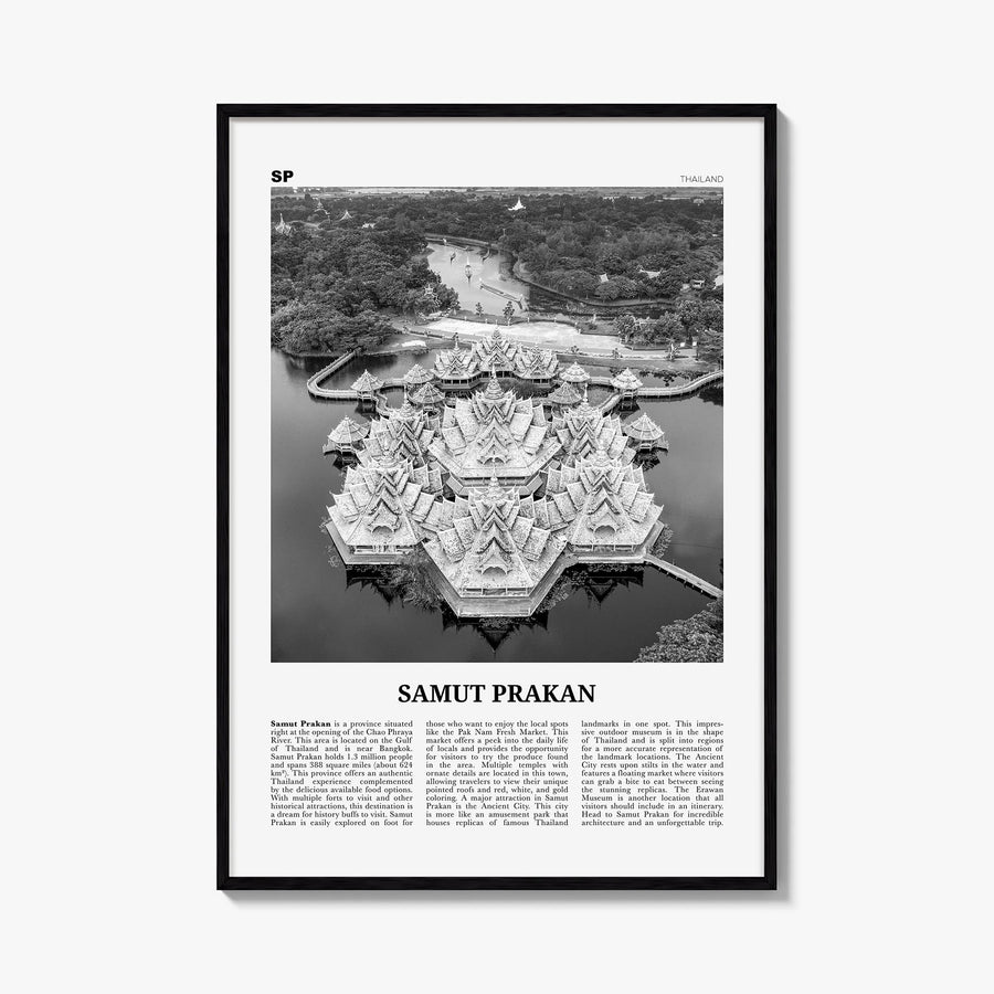 Samut Prakan black & white newspaper poster of Thailand – vertical wall art, unframed print shown in interior mockup