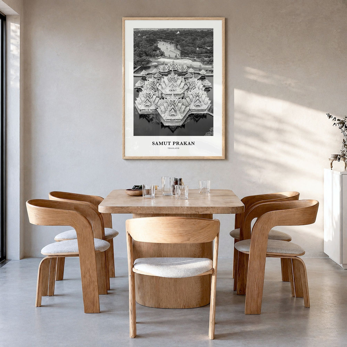 Samut Prakan Classic Poster in a natural wood frame, hanging in a dining room