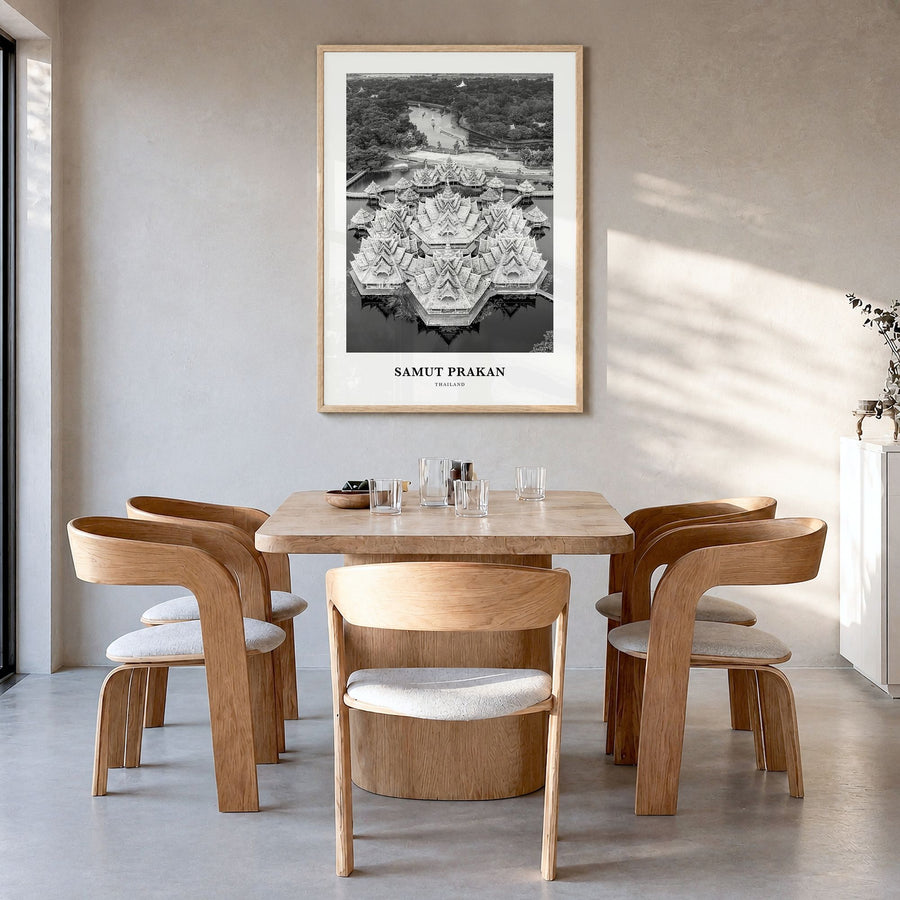 Samut Prakan Classic Poster in a natural wood frame, hanging in a dining room