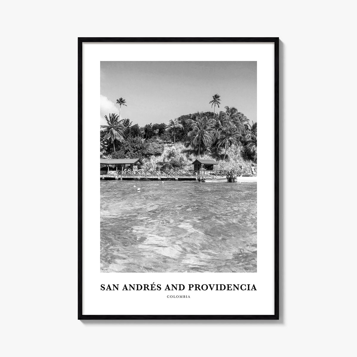 San Andrés and Providencia black & white classic poster of Colombia – vertical wall art, unframed print shown in interior moc
