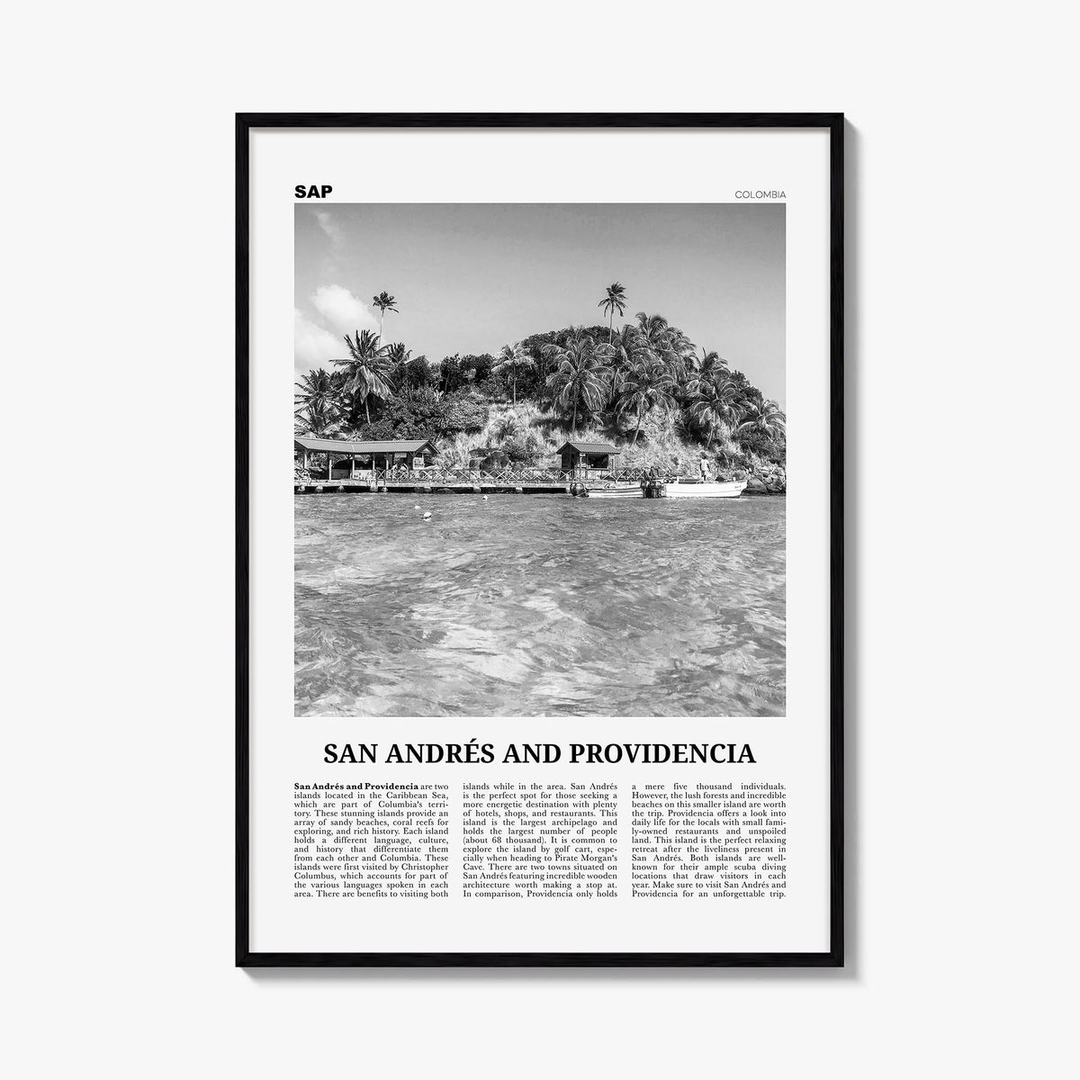 San Andrés and Providencia black & white newspaper poster of Colombia – vertical wall art, unframed print shown in interior m