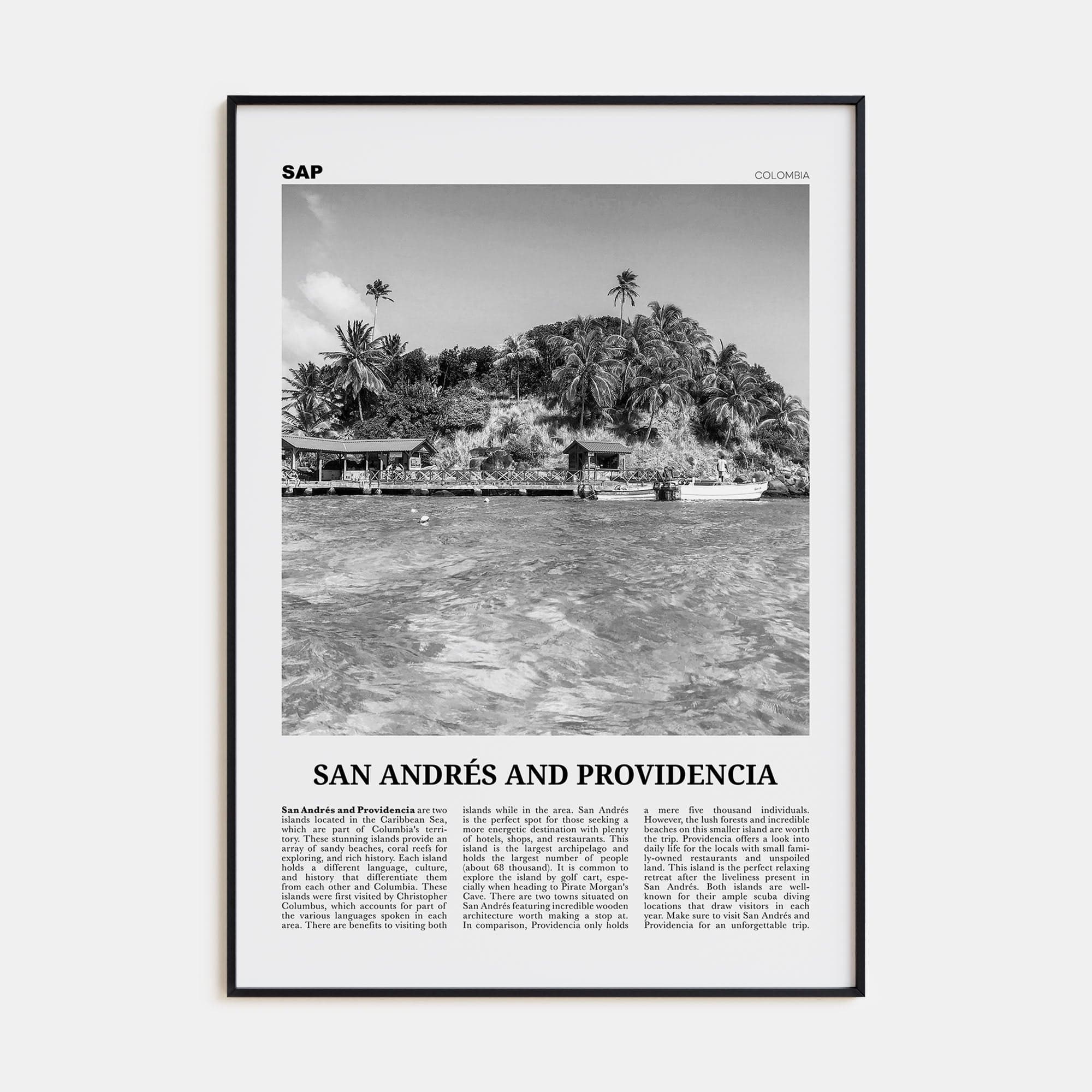 San Andrés and Providencia Poster Black Metal / 8x12 in Nbourhood Travel B&W Poster