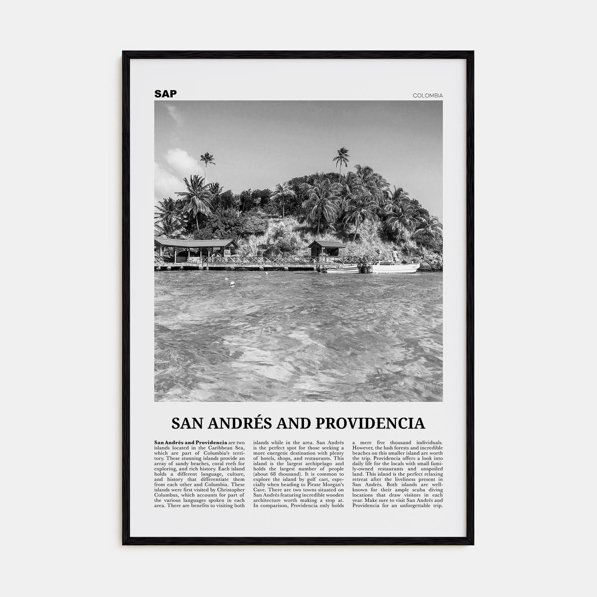 San Andrés and Providencia Poster Black Wood / 8x12 in Nbourhood Travel B&W Poster