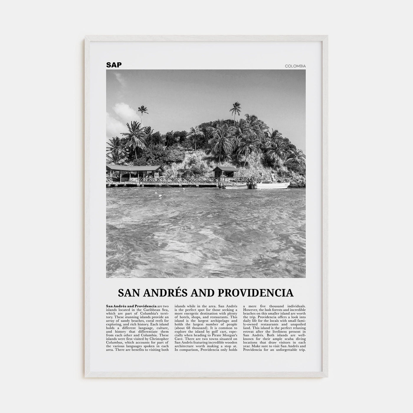 San Andrés and Providencia Poster White Wood / 8x12 in Nbourhood Travel B&W Poster
