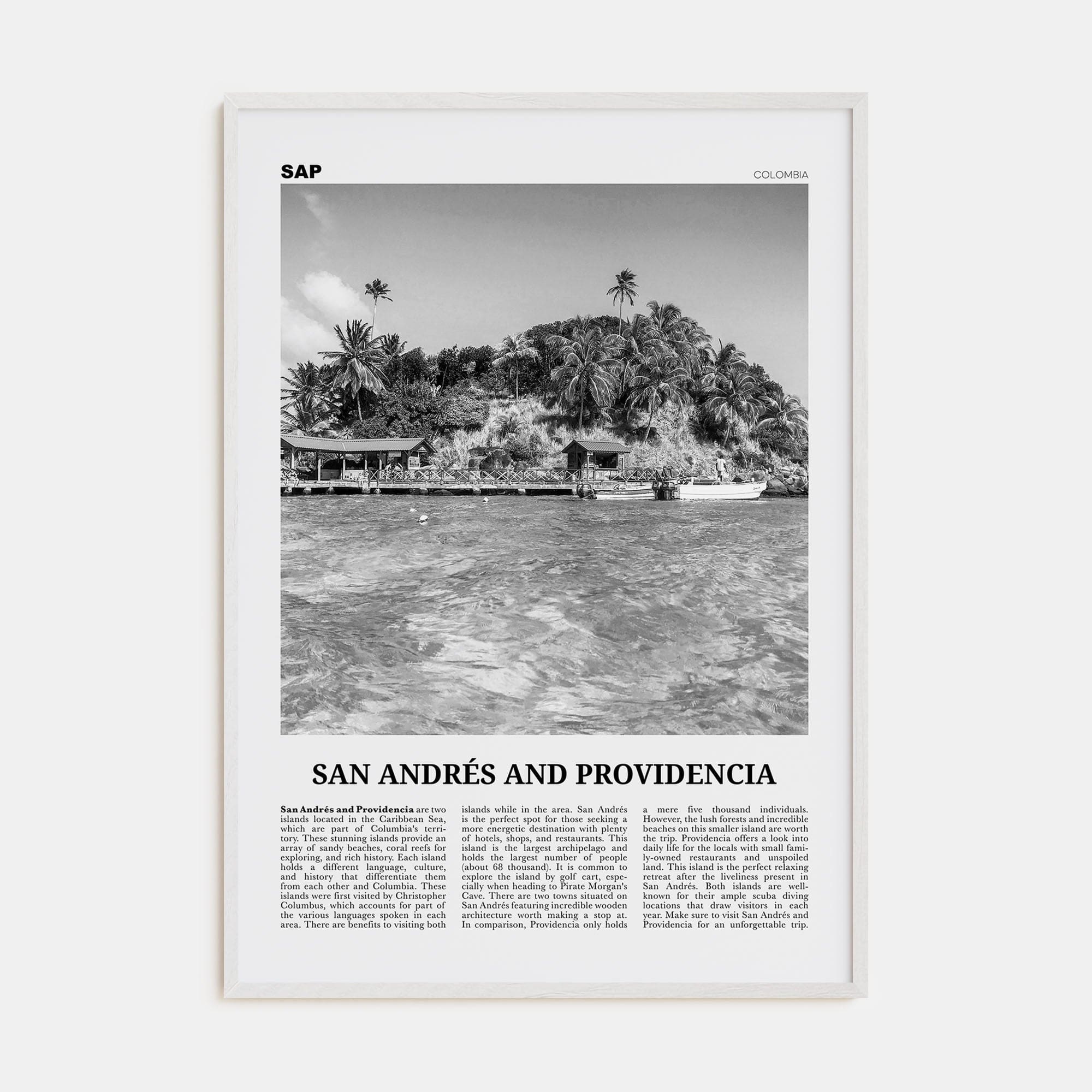 San Andrés and Providencia Poster White Wood / 8x12 in Nbourhood Travel B&W Poster