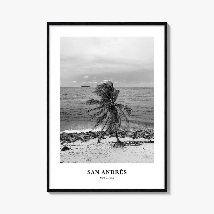 San Andrés black & white classic poster of Colombia – vertical wall art, unframed print shown in interior mockup