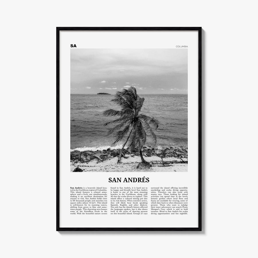 San Andrés black & white newspaper poster of Colombia – vertical wall art, unframed print shown in interior mockup
