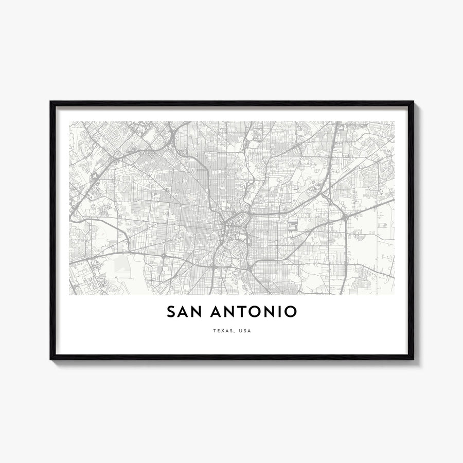 San Antonio black & white map poster of Texas, USA – horizontal wall art, unframed print shown in interior mockup