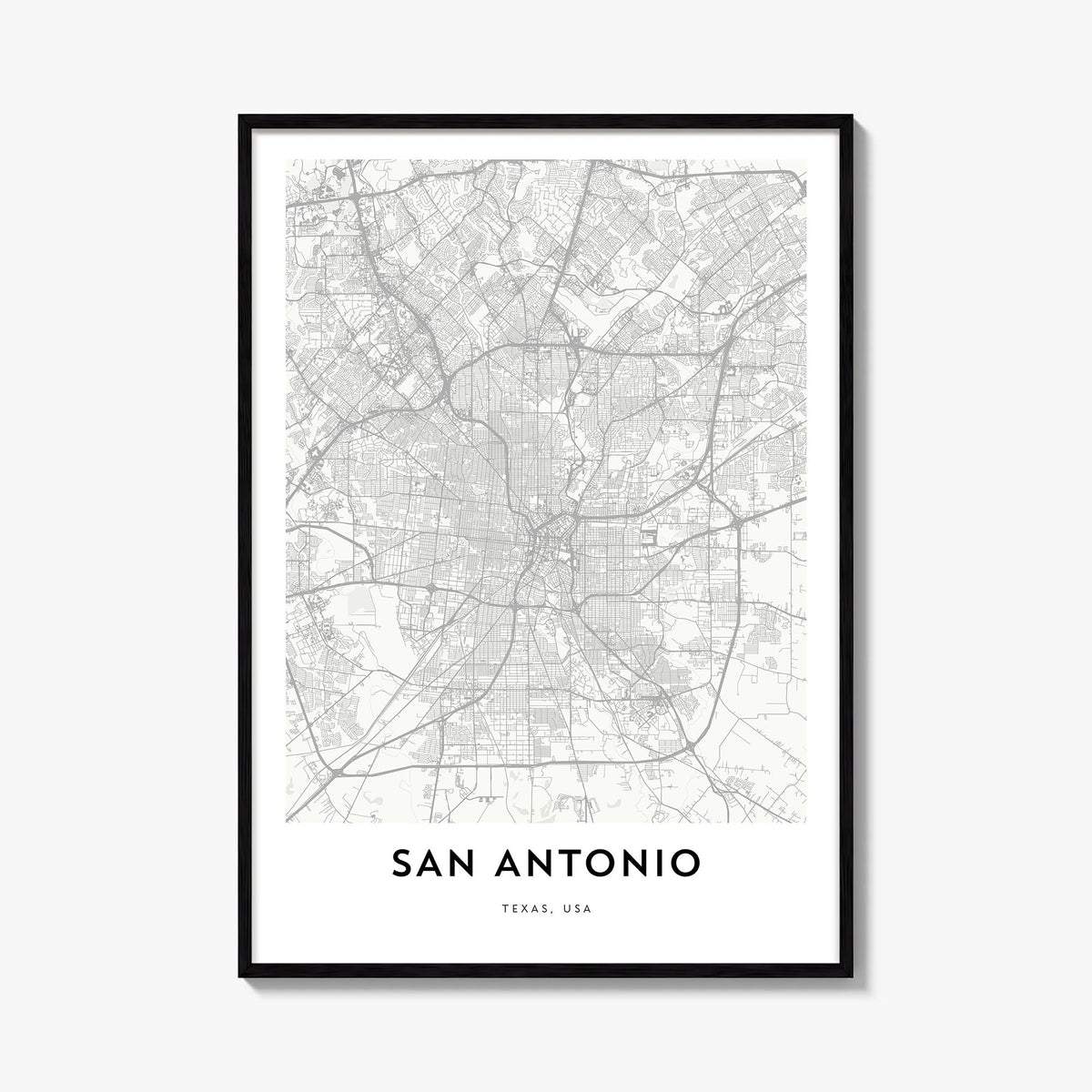 San Antonio black & white map poster of Texas, USA – vertical wall art, unframed print shown in interior mockup