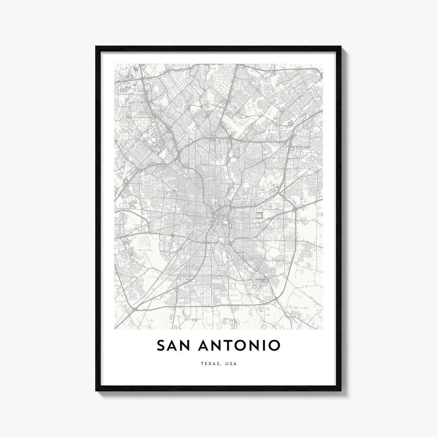 San Antonio black & white map poster of Texas, USA – vertical wall art, unframed print shown in interior mockup
