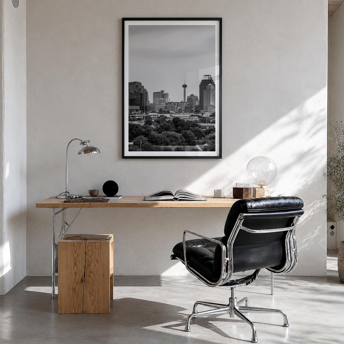 San Antonio black & white photo poster of Texas, USA – vertical wall art in black wood frame with white border, hanging on wa