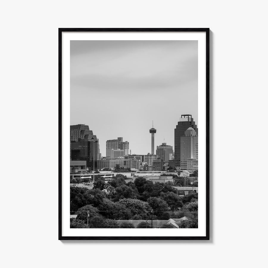 San Antonio black & white photo poster of Texas, USA – vertical wall art, unframed print shown in interior mockup
