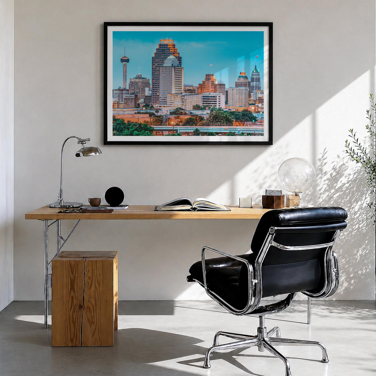 San Antonio colorful photo poster of Texas, USA – horizontal wall art in black wood frame with white border, hanging on wall
