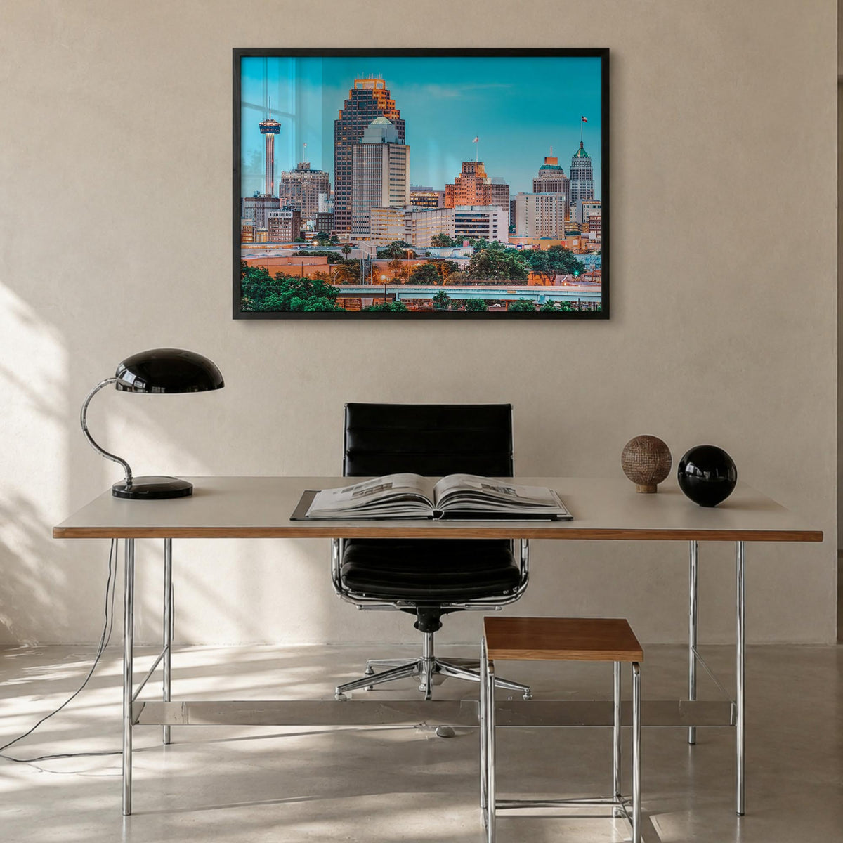 San Antonio colorful photo poster of Texas, USA – horizontal wall art in black wood frame, hanging on wall