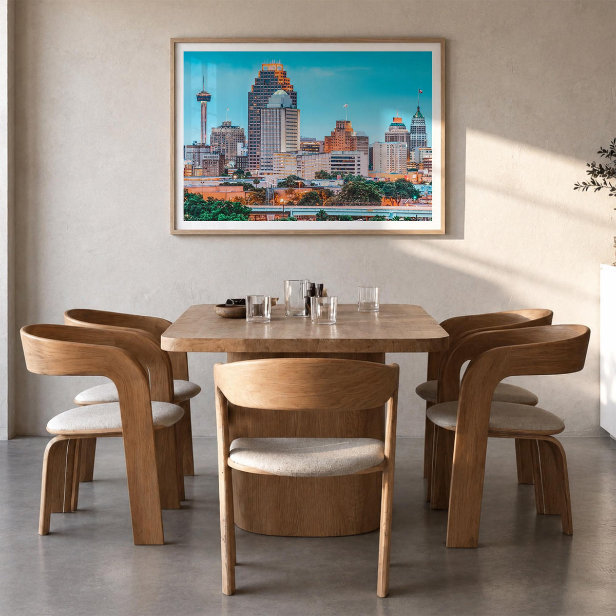 San Antonio colorful photo poster of Texas, USA – horizontal wall art in natural wood frame with white border, hanging on wal