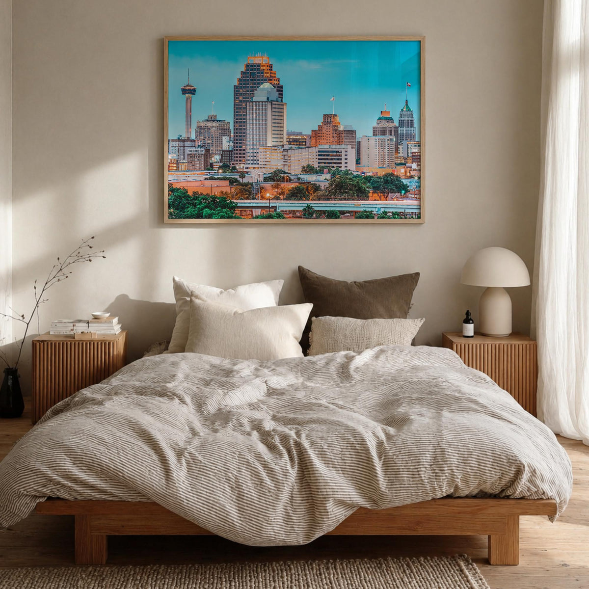San Antonio colorful photo poster of Texas, USA – horizontal wall art in natural wood frame, hanging on wall