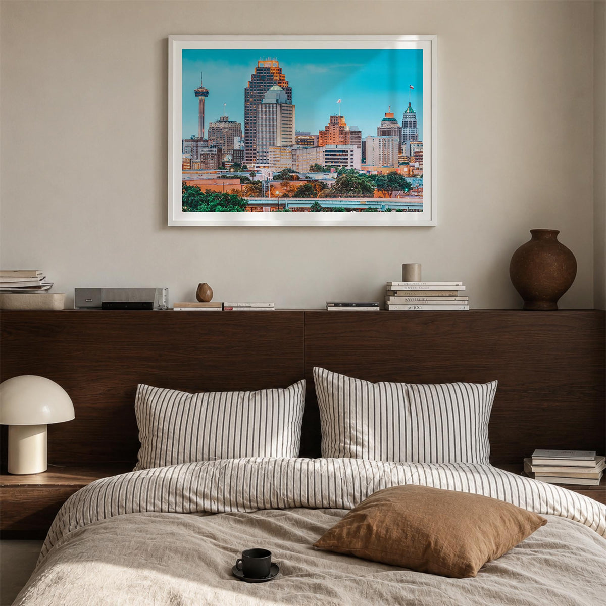 San Antonio colorful photo poster of Texas, USA – horizontal wall art in white wood frame with white border, hanging on wall