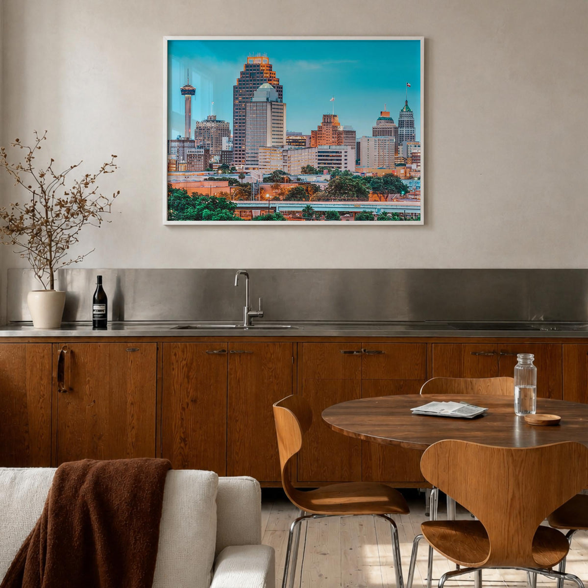 San Antonio colorful photo poster of Texas, USA – horizontal wall art in white wood frame, hanging on wall