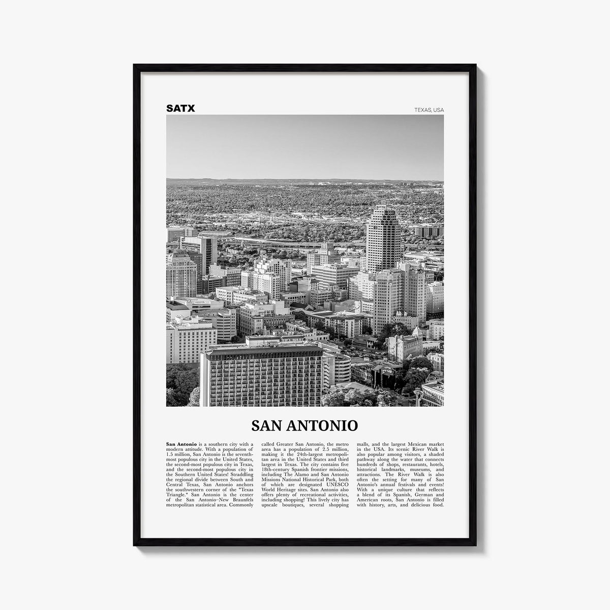 San Antonio no. 1 black & white newspaper poster of Texas, USA – vertical wall art, unframed print shown in interior mockup