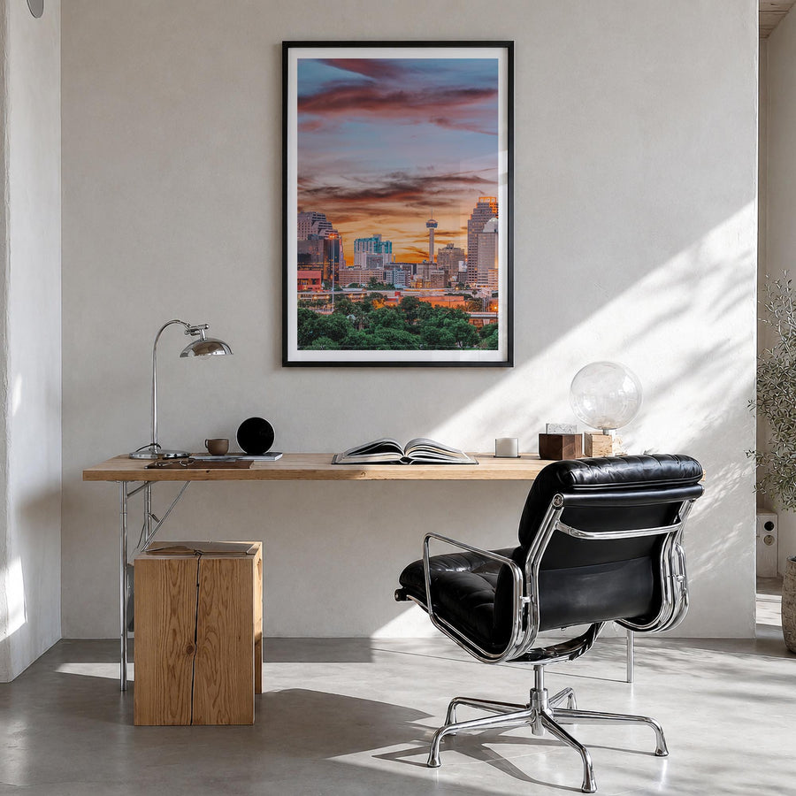 San Antonio no. 1 colorful photo poster of Texas, USA – vertical wall art in black wood frame with white border, hanging on w