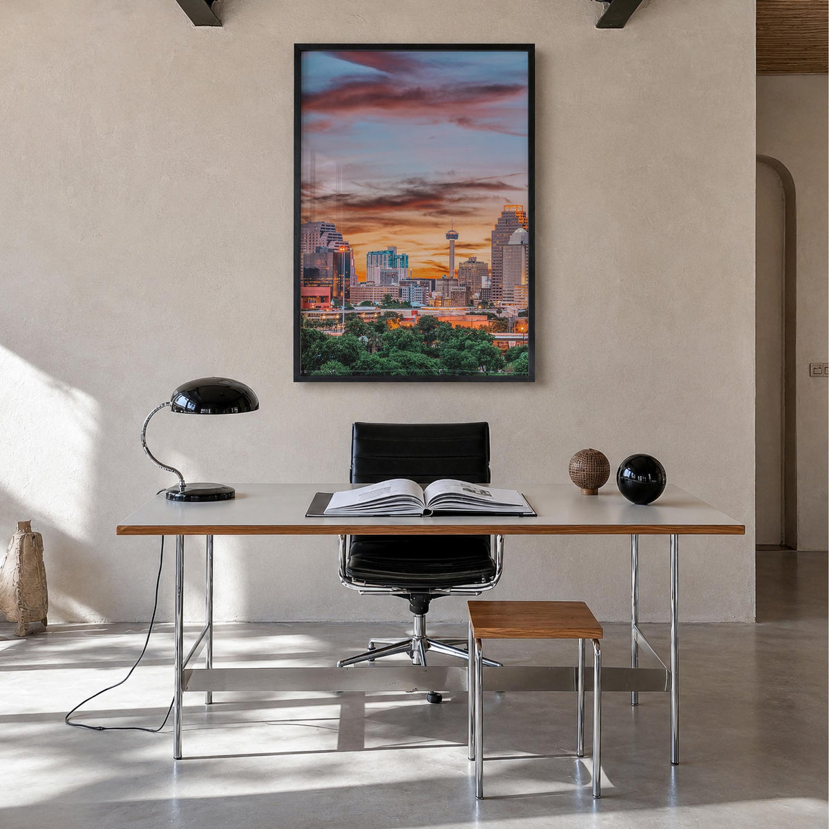 San Antonio no. 1 colorful photo poster of Texas, USA – vertical wall art in black wood frame, hanging on wall