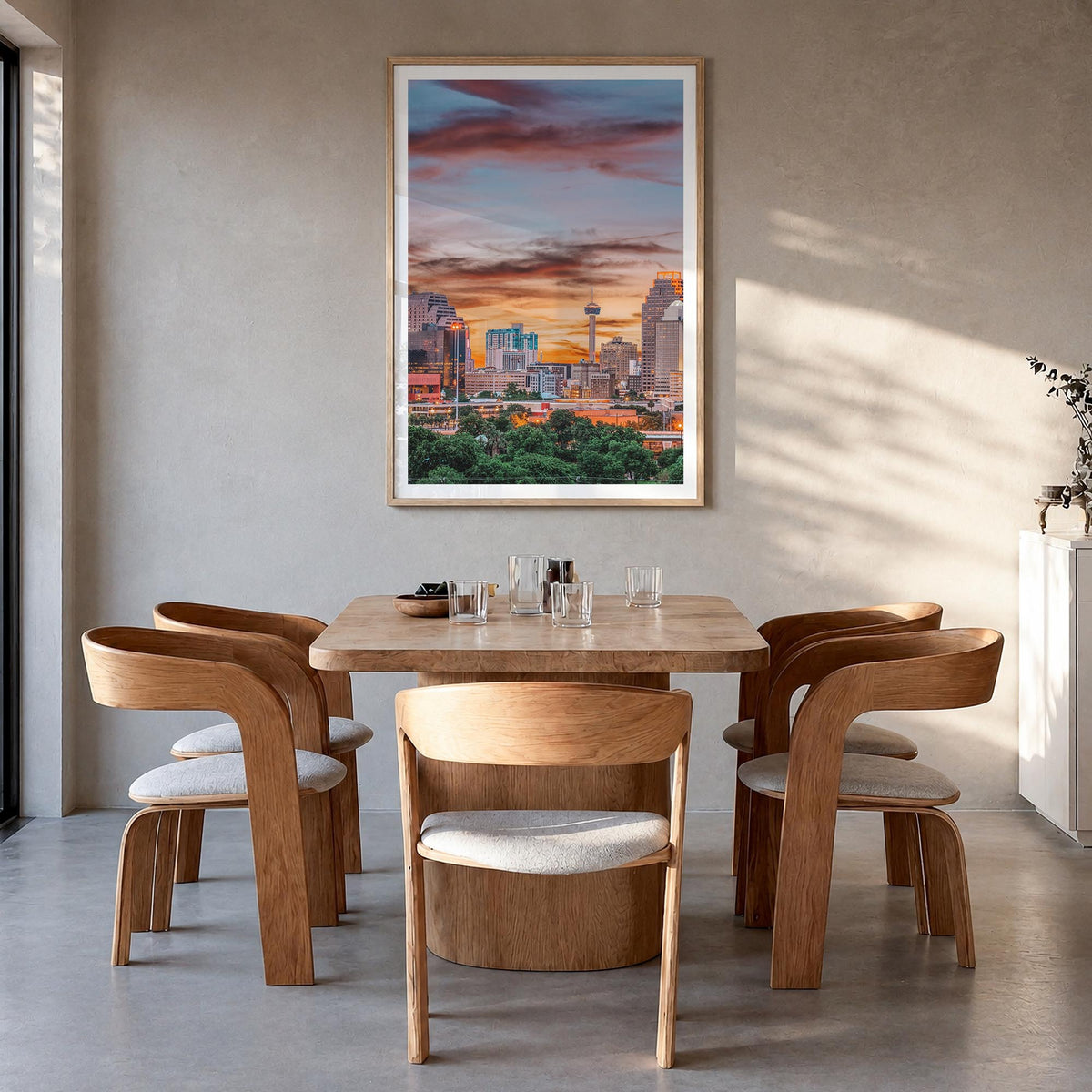 San Antonio no. 1 colorful photo poster of Texas, USA – vertical wall art in natural wood frame with white border, hanging on