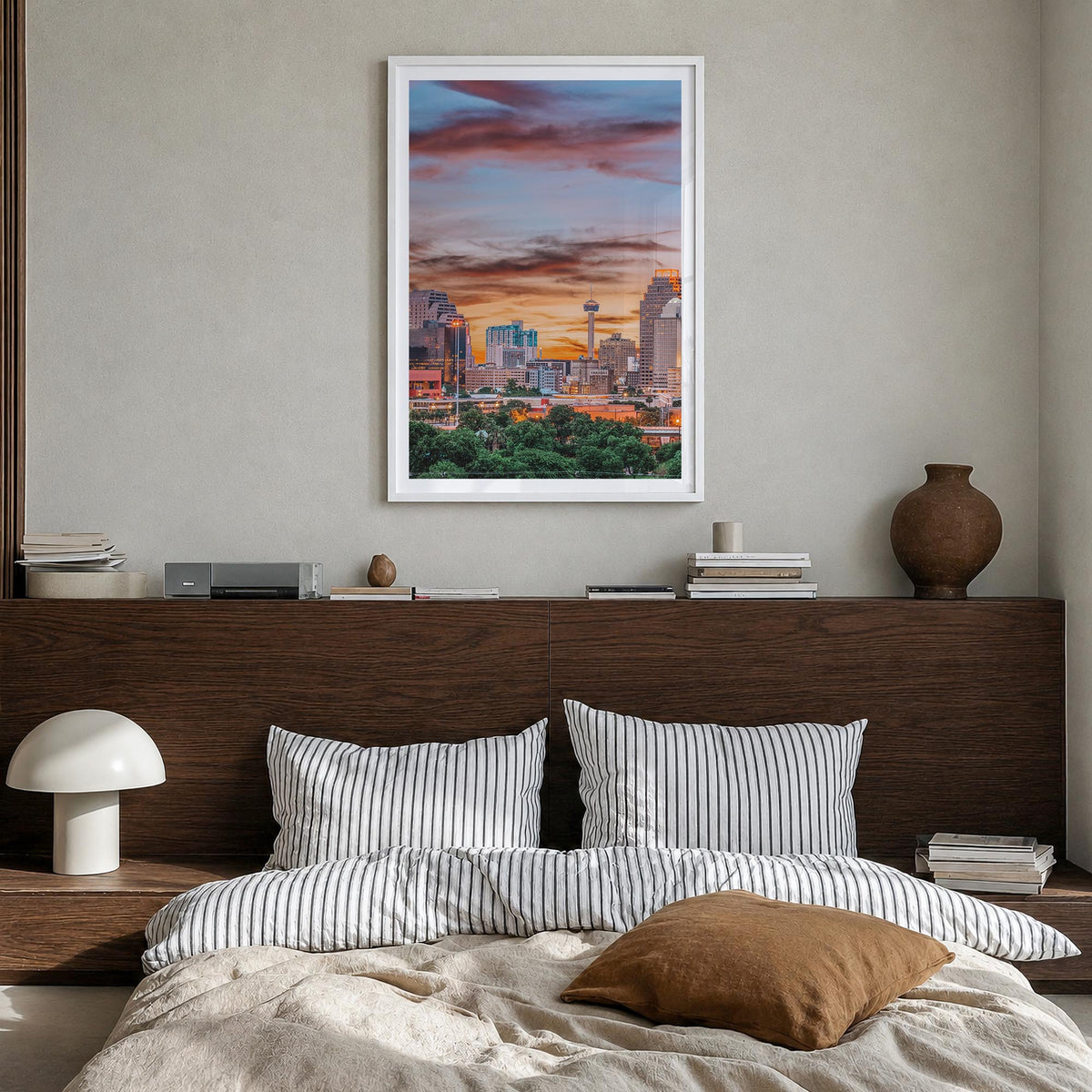 San Antonio no. 1 colorful photo poster of Texas, USA – vertical wall art in white wood frame with white border, hanging on w