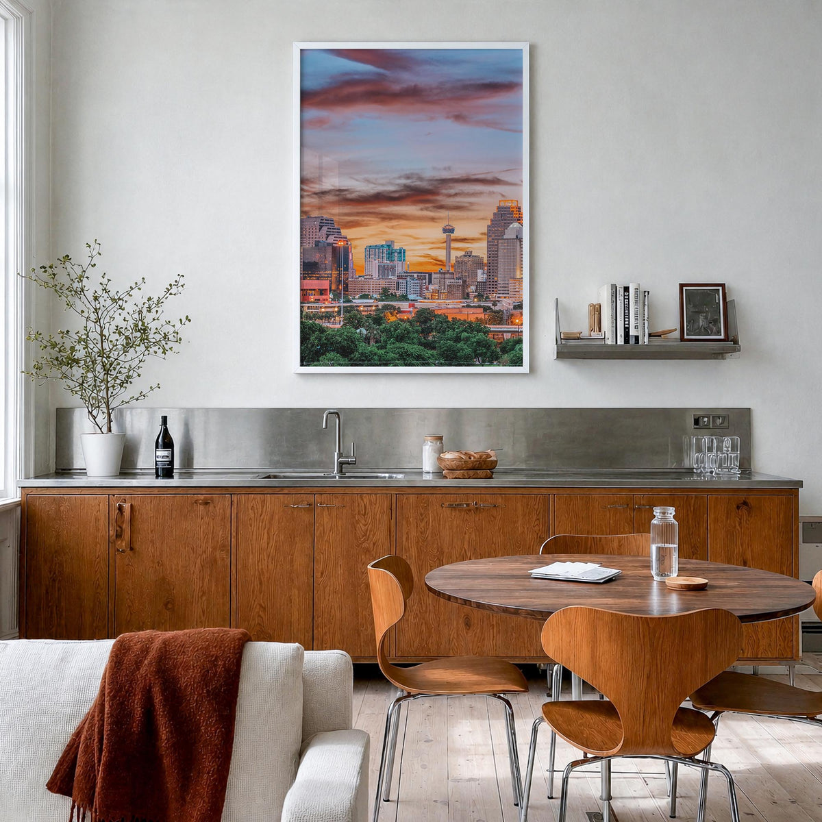 San Antonio no. 1 colorful photo poster of Texas, USA – vertical wall art in white wood frame, hanging on wall