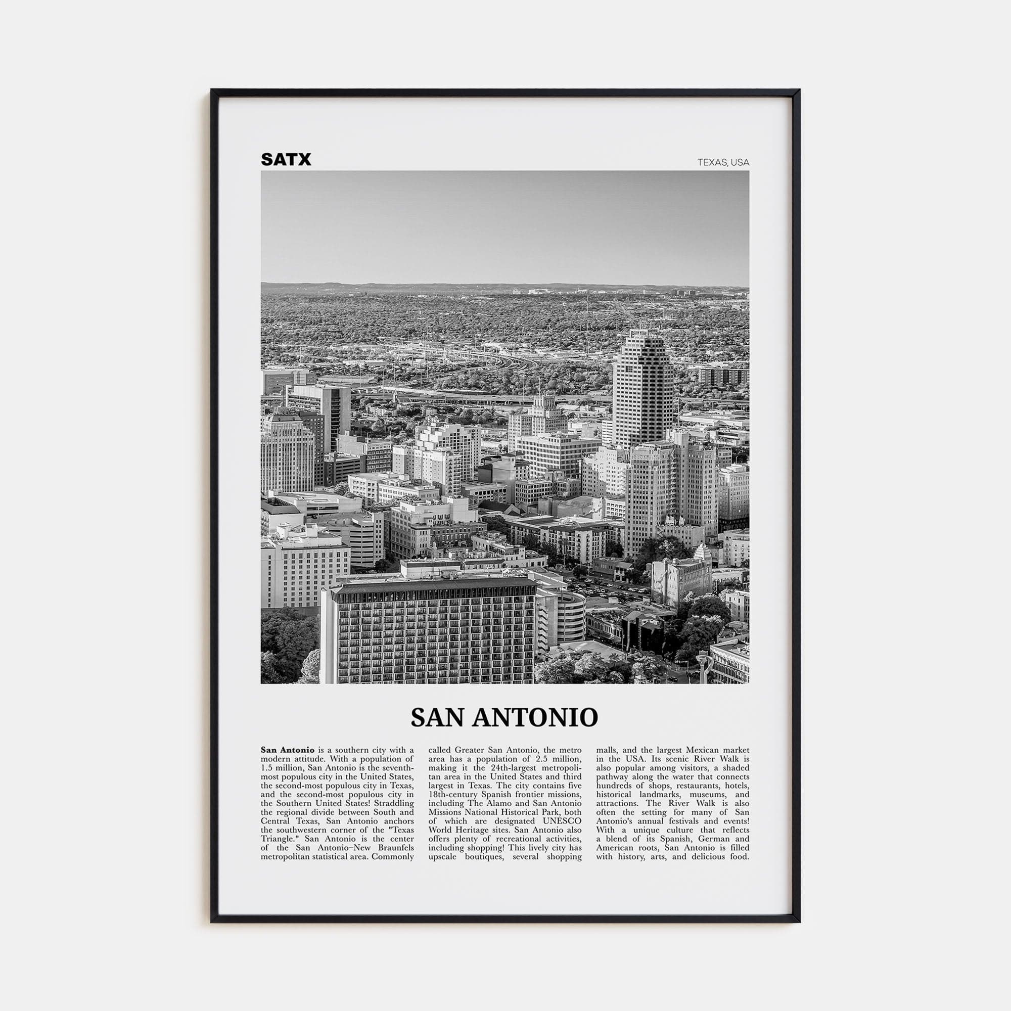 San Antonio No 1 Poster Black Metal / 8x12 in Nbourhood Travel B&W Poster