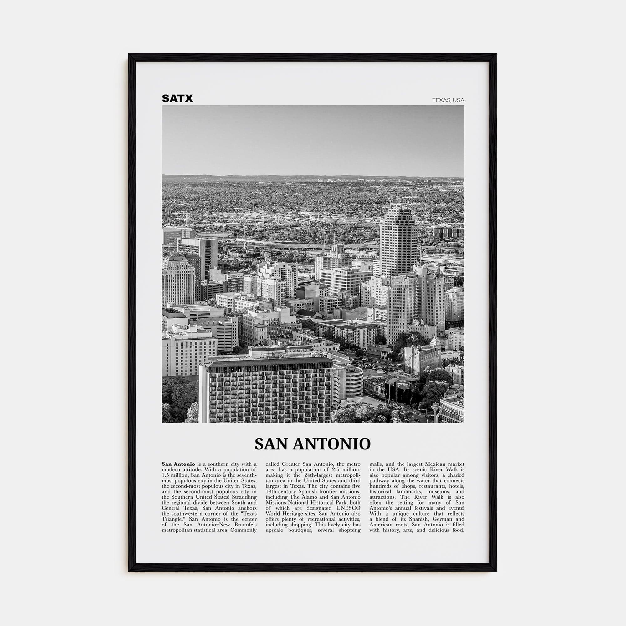 San Antonio No 1 Poster Black Wood / 8x12 in Nbourhood Travel B&W Poster