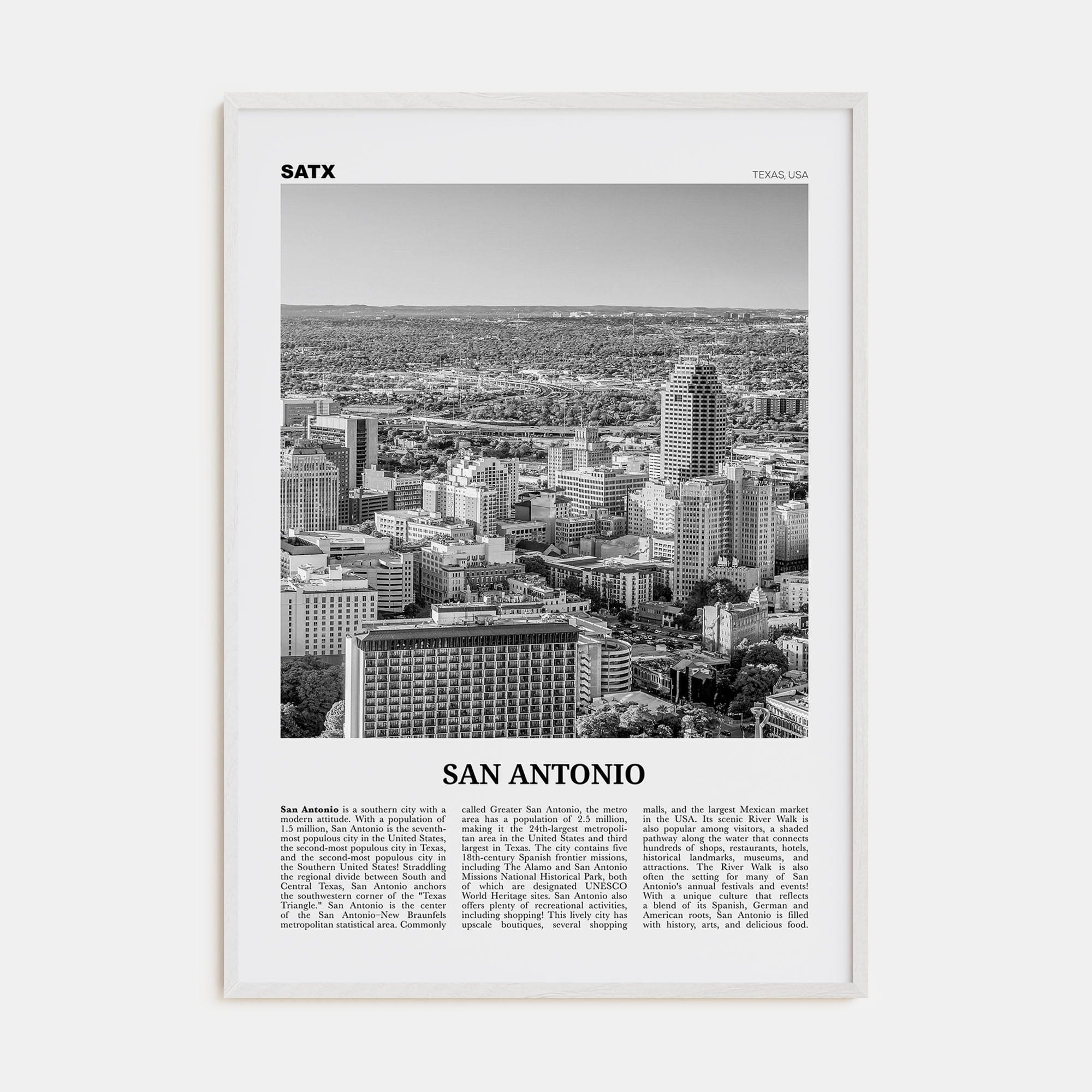 San Antonio No 1 Poster White Wood / 8x12 in Nbourhood Travel B&W Poster