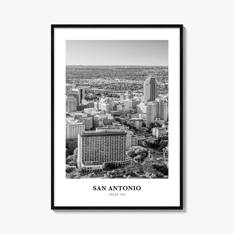 San Antonio no. 2 black & white classic poster of Texas, USA – vertical wall art, unframed print shown in interior mockup