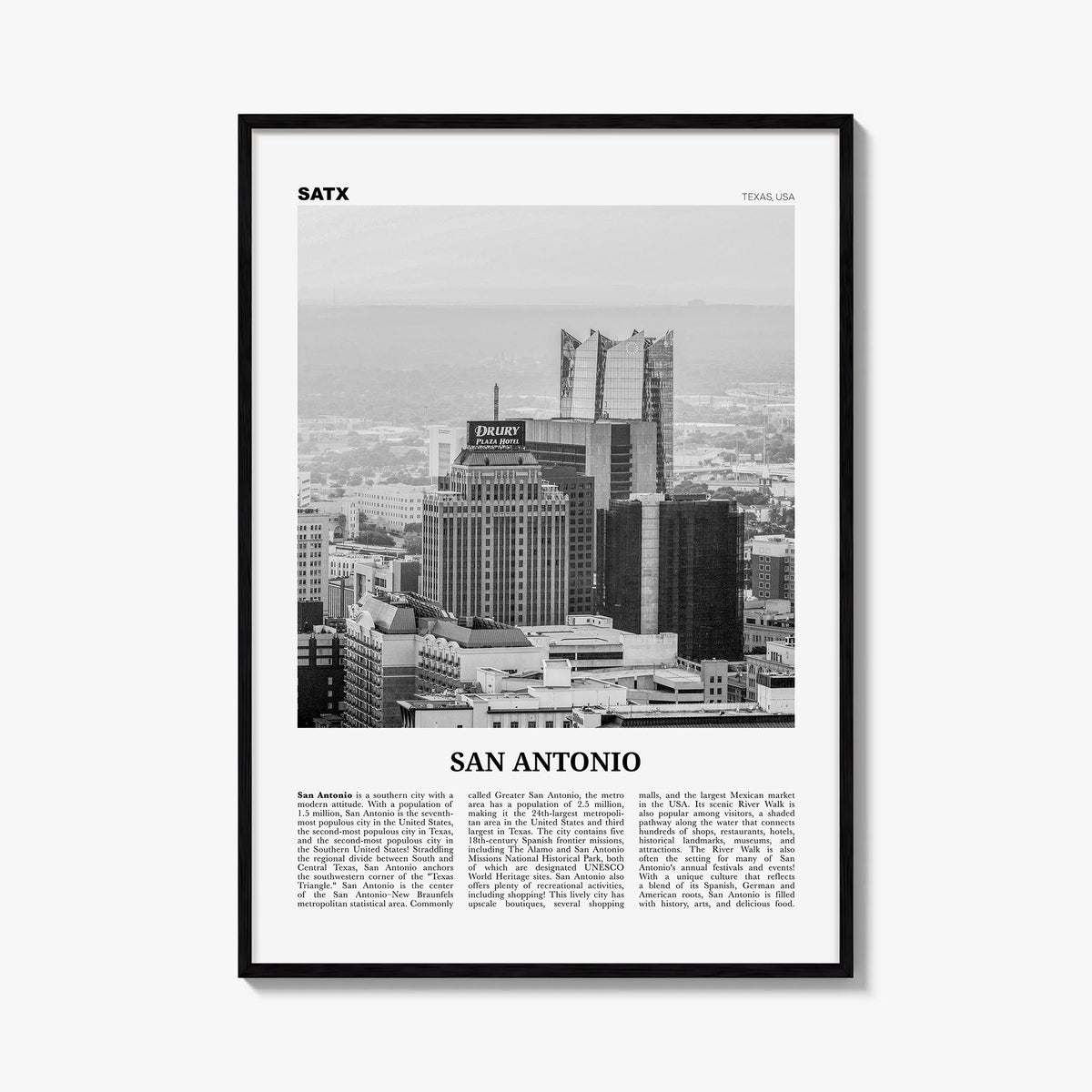 San Antonio no. 2 black & white newspaper poster of Texas, USA – vertical wall art, unframed print shown in interior mockup