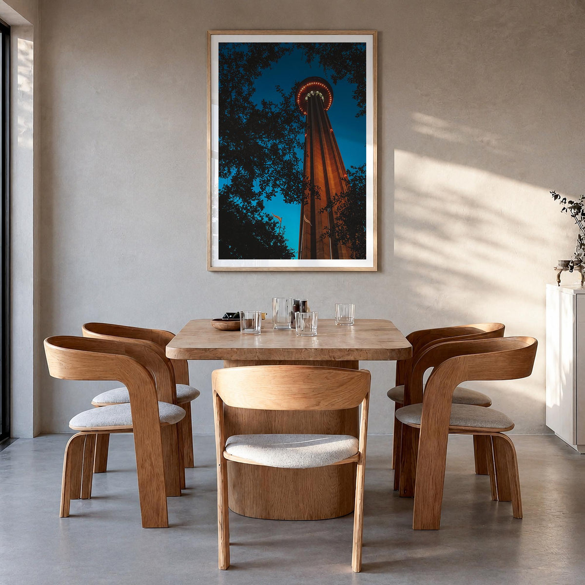 San Antonio no. 3 colorful photo poster of Texas, USA – vertical wall art in natural wood frame with white border, hanging on