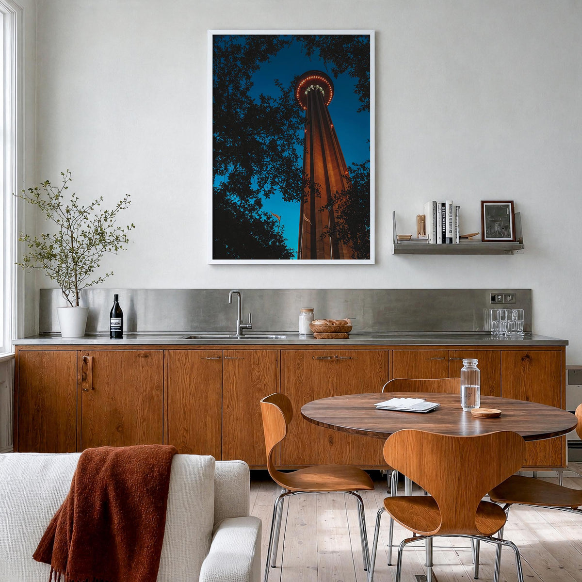 San Antonio no. 3 colorful photo poster of Texas, USA – vertical wall art in white wood frame, hanging on wall