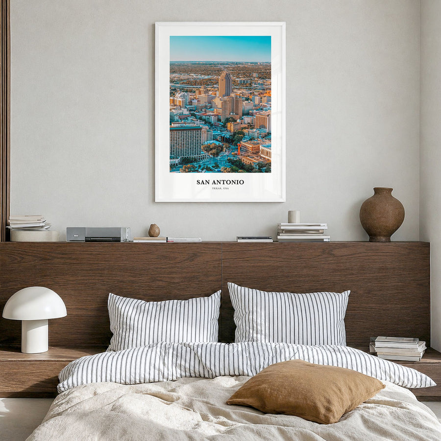 San Antonio Classic Poster in a white wood frame, hanging in a bedroom