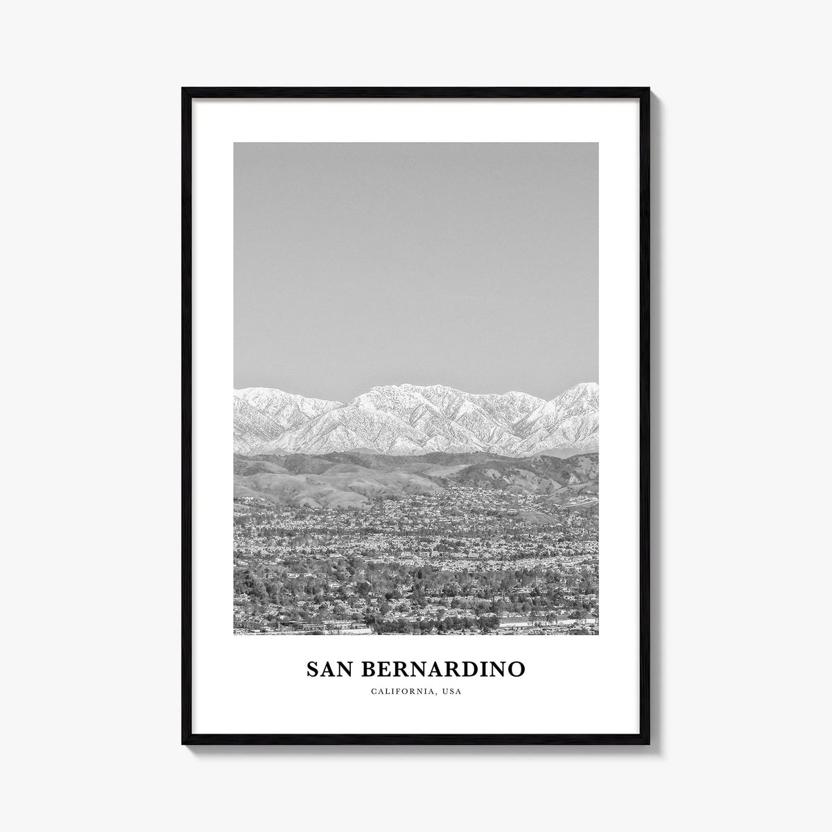 San Bernardino black & white classic poster of California, USA – vertical wall art, unframed print shown in interior mockup