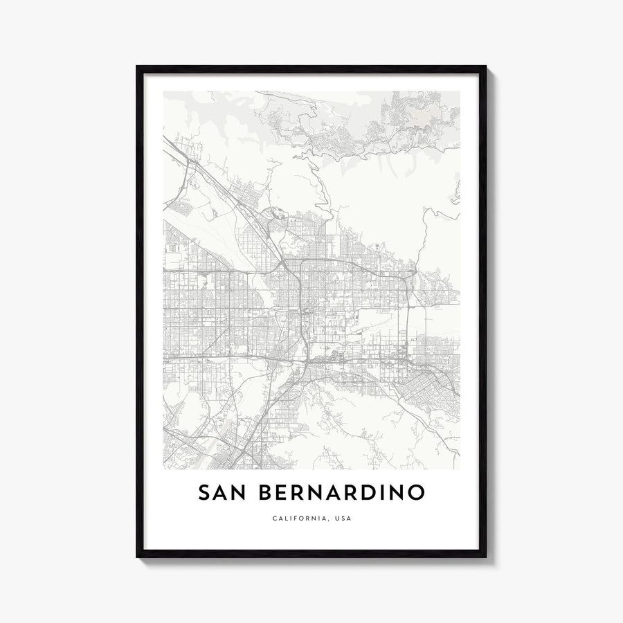 San Bernardino black & white map poster of California, USA – vertical wall art, unframed print shown in interior mockup