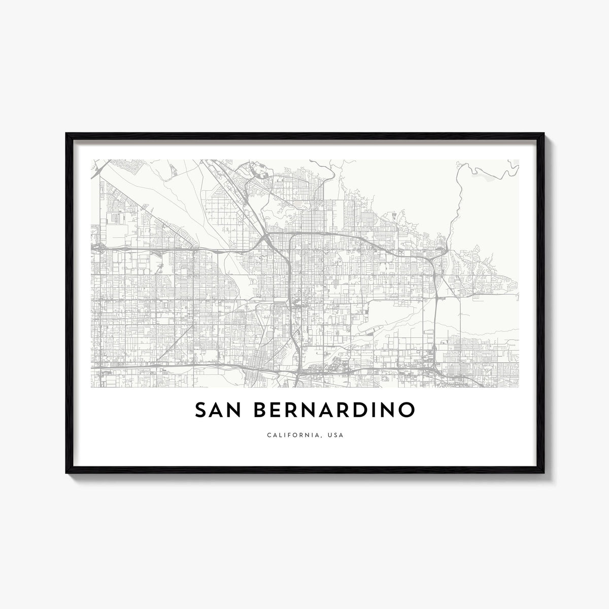 San Bernardino black & white map poster of California, USA – horizontal wall art, unframed print shown in interior mockup