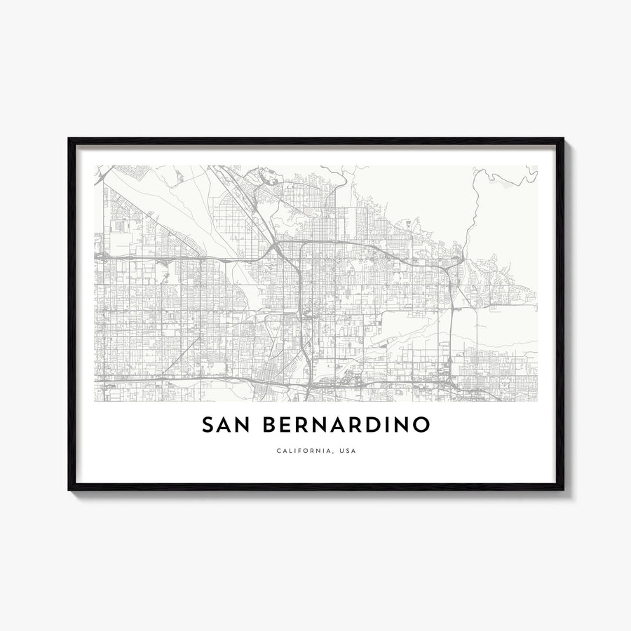 San Bernardino black & white map poster of California, USA – horizontal wall art, unframed print shown in interior mockup