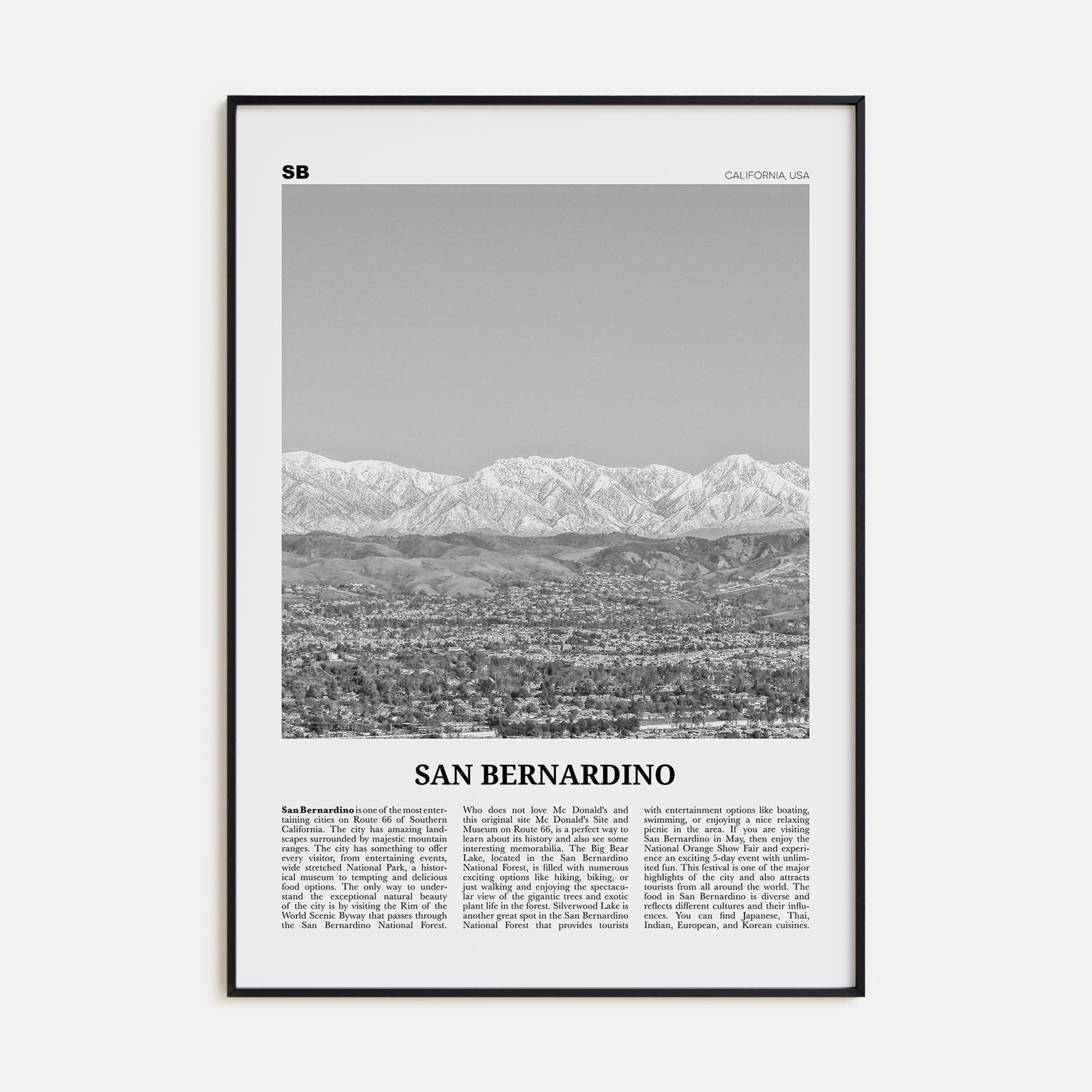 San Bernardino Poster Black Metal / 8x12 in Nbourhood Travel B&W Poster