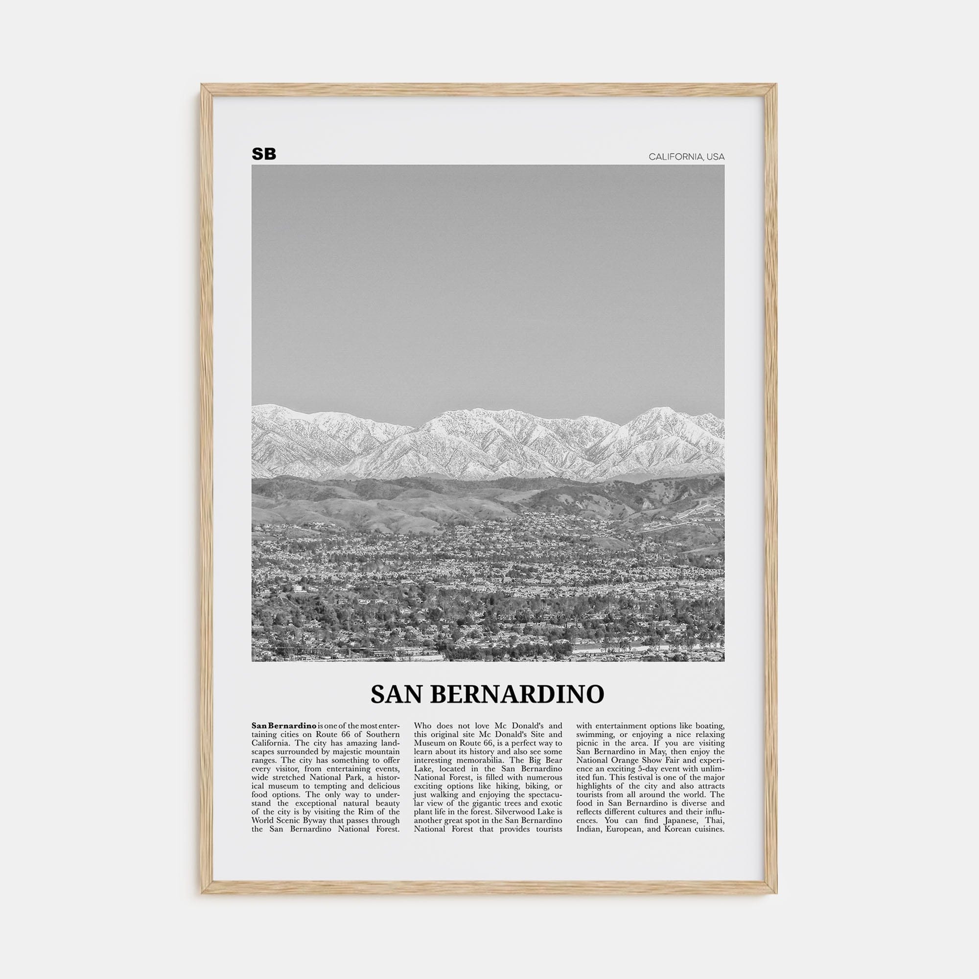 San Bernardino Poster Natural Wood / 8x12 in Nbourhood Travel B&W Poster