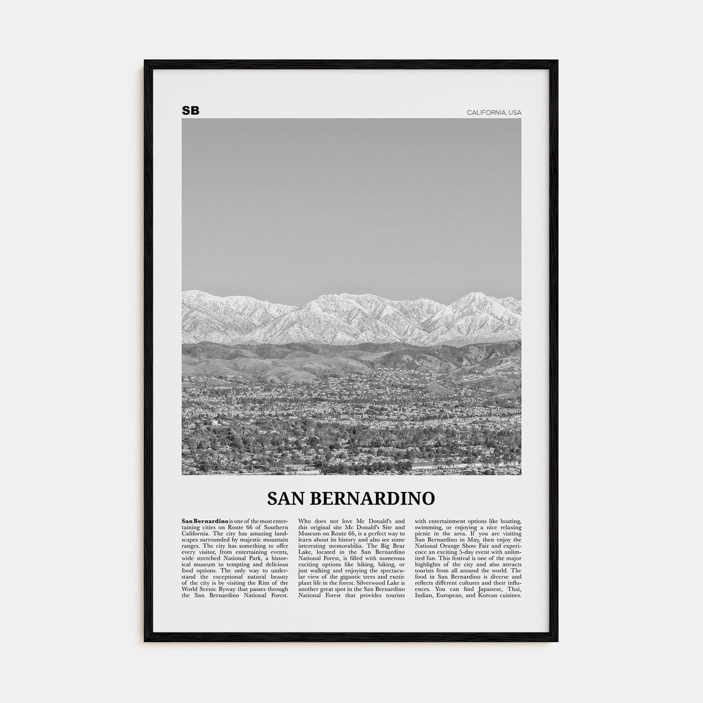 San Bernardino Poster Black Wood / 8x12 in Nbourhood Travel B&W Poster