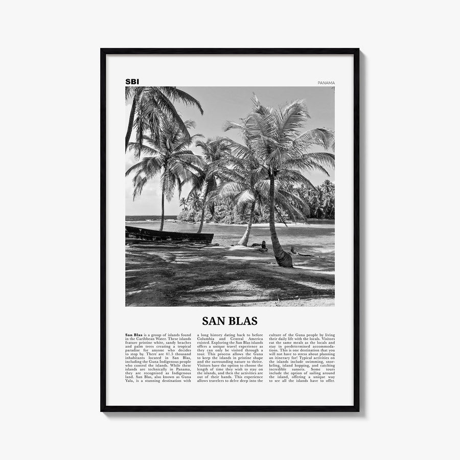San Blas black & white newspaper poster of Panama – vertical wall art, unframed print shown in interior mockup