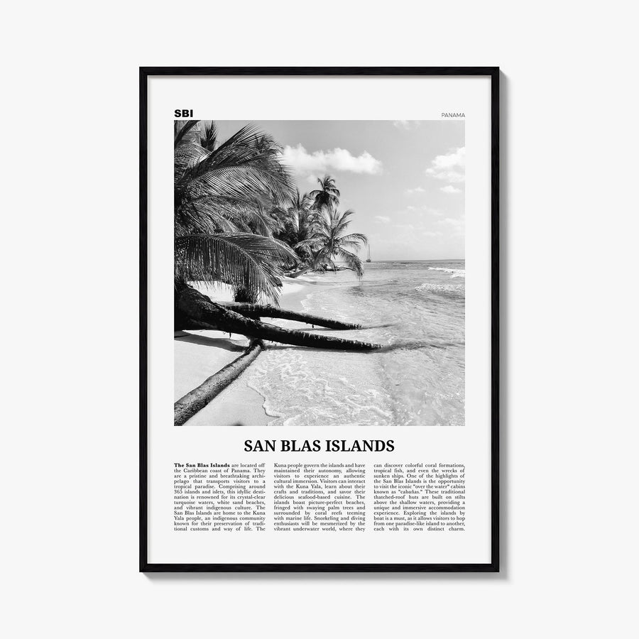 San Blas Islands black & white newspaper poster of Panama – vertical wall art, unframed print shown in interior mockup
