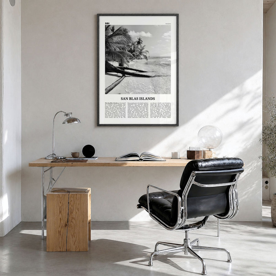 San Blas Islands Newspaper Poster in a black wood frame, hanging in a bright home office