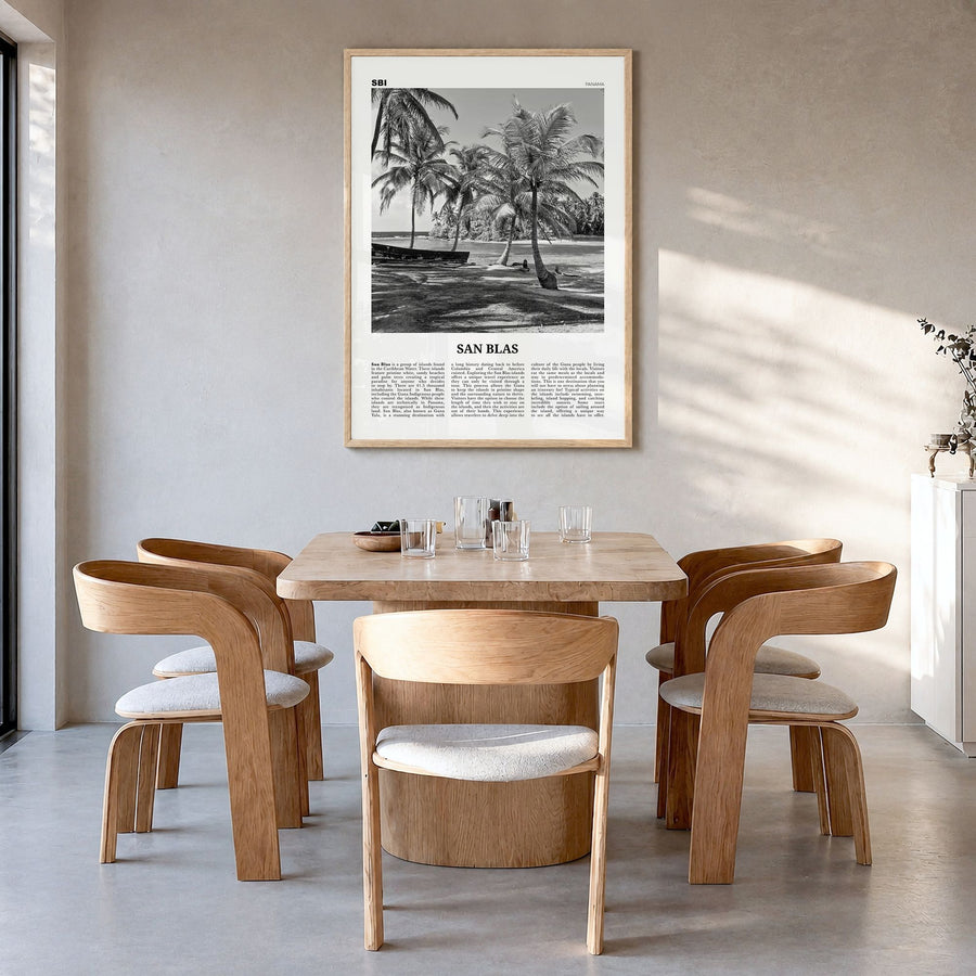 San Blas, Panama Newspaper Poster in a natural wood frame, hanging in a dining room